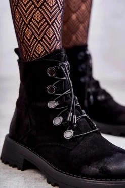 Boto Damskie Zamszowe Ocieplane Botki Ze Ściągaczem Czarne Helia