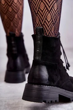 Boto Damskie Zamszowe Ocieplane Botki Ze Ściągaczem Czarne Helia