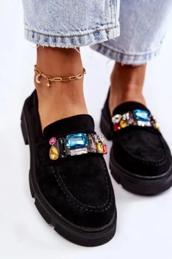 Hot Boto Damskie Zamszowe Półbuty Loafery Z Ozdobą Czarne Karlott