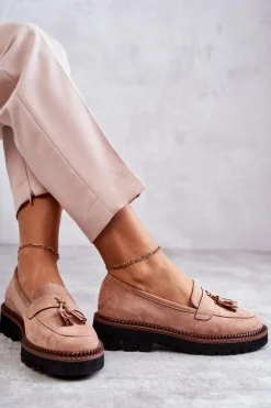 New Damskie Zamszowe Półbuty Na Platformie Beżowe Unni Damskie Mokasyny Damskie Zamszowe