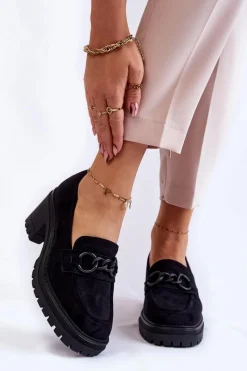 Outlet Damskie Zamszowe Półbuty Na Obcasie Czarne Sanya Damskie Mokasyny Damskie Zamszowe