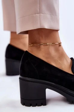 Outlet Damskie Zamszowe Półbuty Na Obcasie Czarne Sanya Damskie Mokasyny Damskie Zamszowe