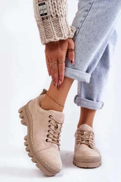 Online Damskie buty S.Barski Damskie Zamszowe Półbuty Wiązane Beżowe Mayson