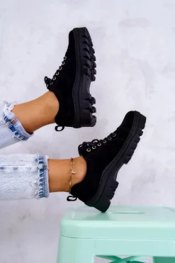 Damskie Trapery|Botki Płaskie>Damskie buty S.Barski Damskie Zamszowe Półbuty Wiązane Czarne Mayson