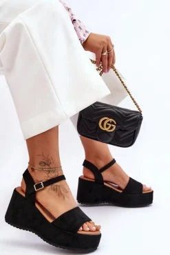 Online Damskie Zamszowe Sandałki Na Koturnie Czarne Lydia Damskie Sandały Na Koturnie