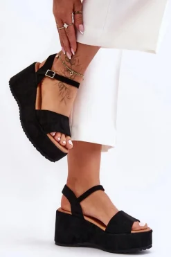 Online Damskie Zamszowe Sandałki Na Koturnie Czarne Lydia Damskie Sandały Na Koturnie