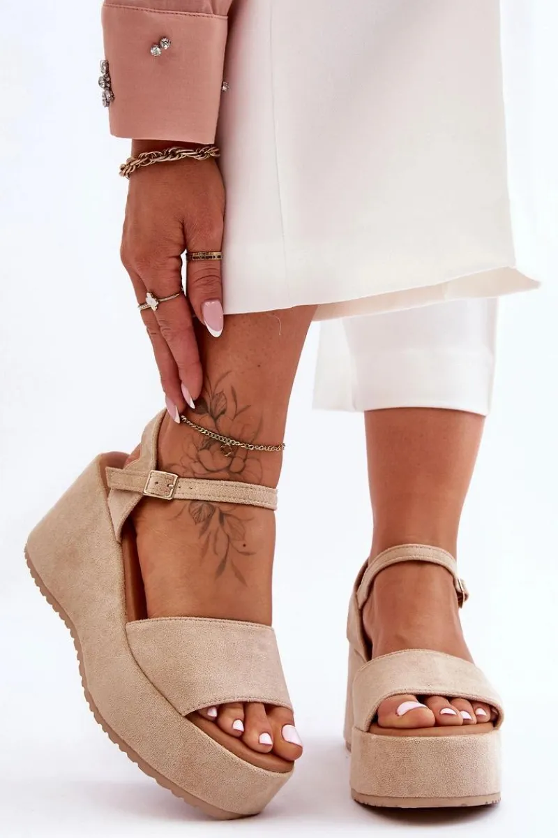 New Boto Damskie Zamszowe Sandałki Na Koturnie Beżowe Lydia