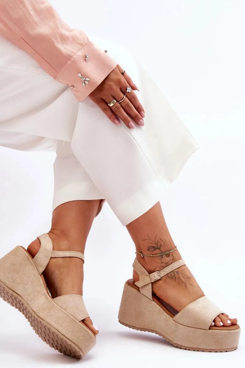 New Boto Damskie Zamszowe Sandałki Na Koturnie Beżowe Lydia