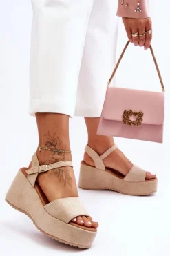 New Boto Damskie Zamszowe Sandałki Na Koturnie Beżowe Lydia