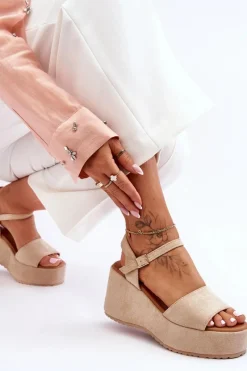 New Boto Damskie Zamszowe Sandałki Na Koturnie Beżowe Lydia