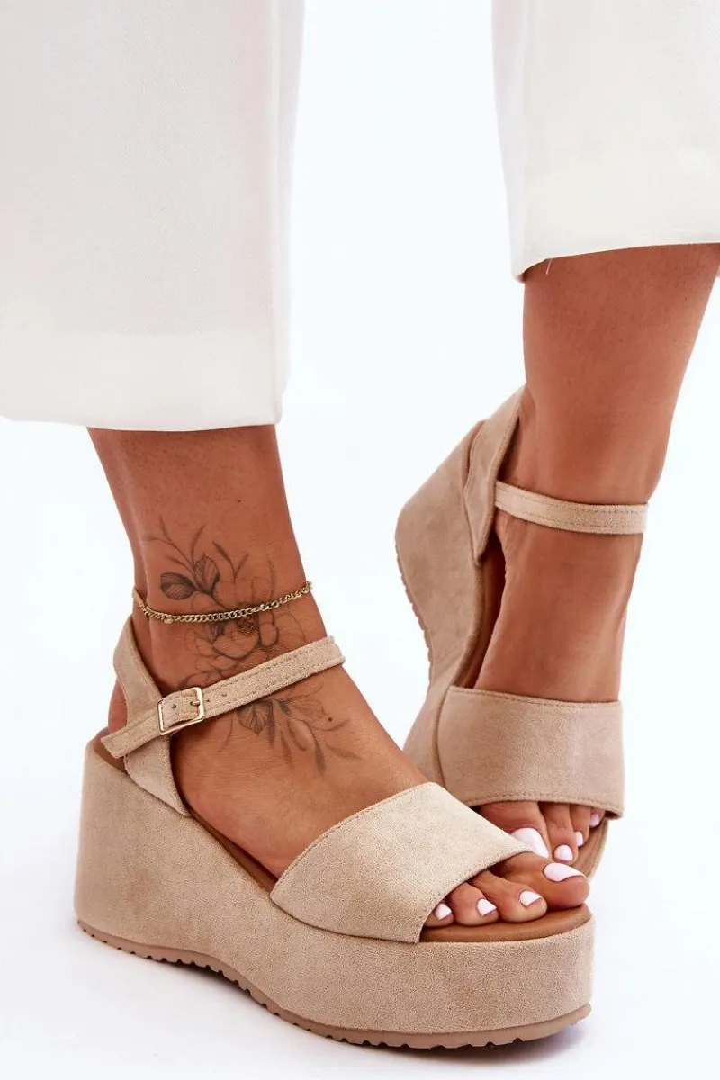 New Boto Damskie Zamszowe Sandałki Na Koturnie Beżowe Lydia