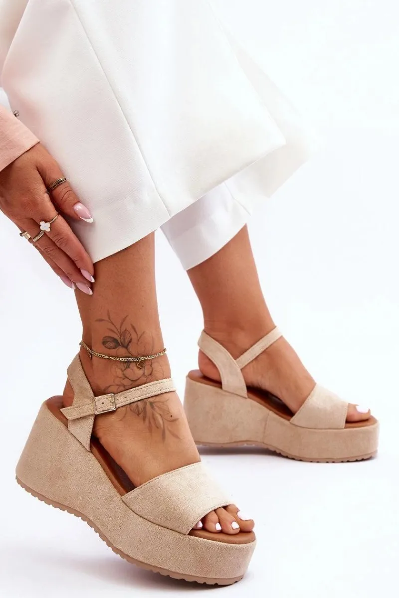 New Boto Damskie Zamszowe Sandałki Na Koturnie Beżowe Lydia