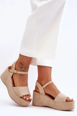 New Boto Damskie Zamszowe Sandałki Na Koturnie Beżowe Lydia