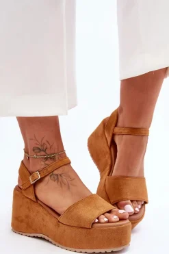 New Boto Damskie Zamszowe Sandałki Na Koturnie Camel Lydia