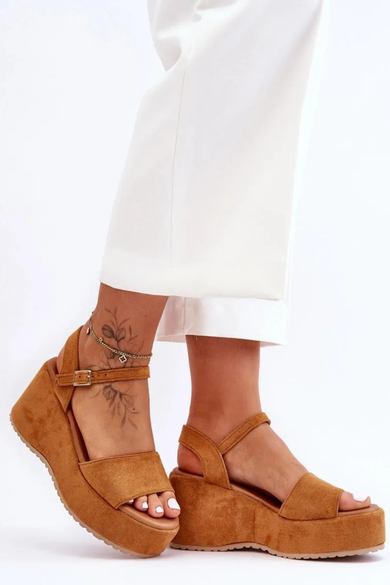 New Boto Damskie Zamszowe Sandałki Na Koturnie Camel Lydia