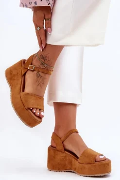 New Boto Damskie Zamszowe Sandałki Na Koturnie Camel Lydia