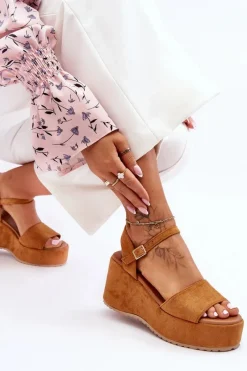 New Boto Damskie Zamszowe Sandałki Na Koturnie Camel Lydia