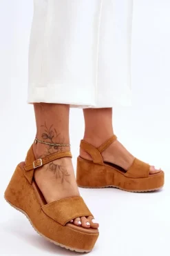 New Boto Damskie Zamszowe Sandałki Na Koturnie Camel Lydia