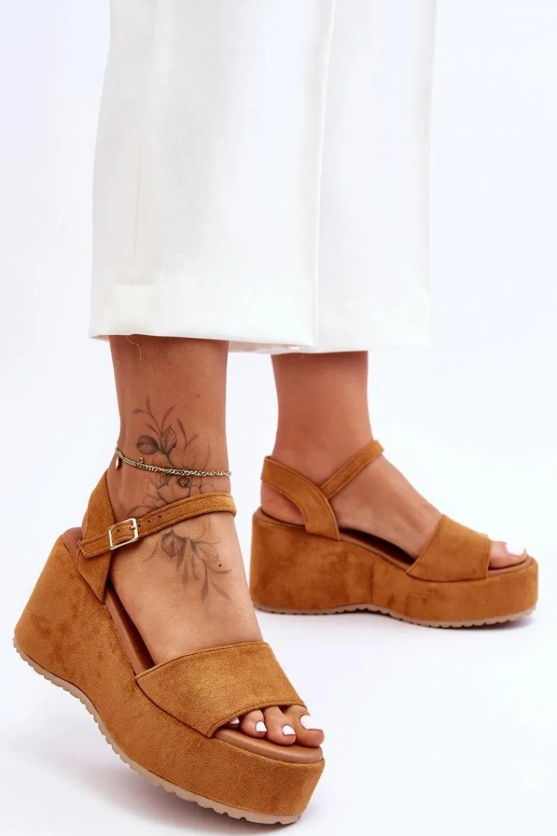 New Boto Damskie Zamszowe Sandałki Na Koturnie Camel Lydia