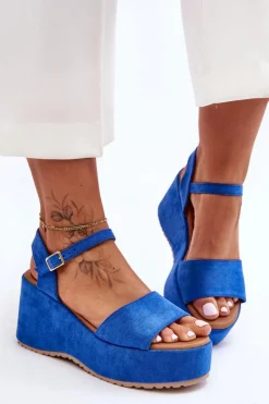 Sandały Na Koturnie>Boto Damskie Zamszowe Sandałki Na Koturnie Niebieskie Lydia