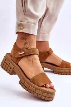 Discount Damskie Zamszowe Sandały Big Star LL276032 Camel Damskie Sandały Big Star|Sandały Płaskie