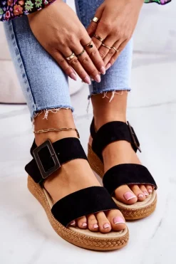 Discount Damskie Zamszowe Sandały Big Star JJ276031 Czarne Damskie Sandały Big Star|Sandały Na Koturnie