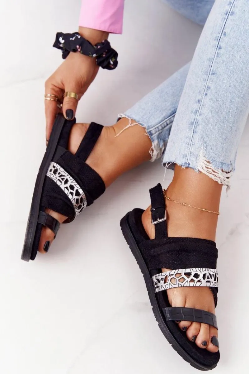 Sandały Płaskie>Evento Damskie Zamszowe Sandały Czarno-Srebrne Asturia