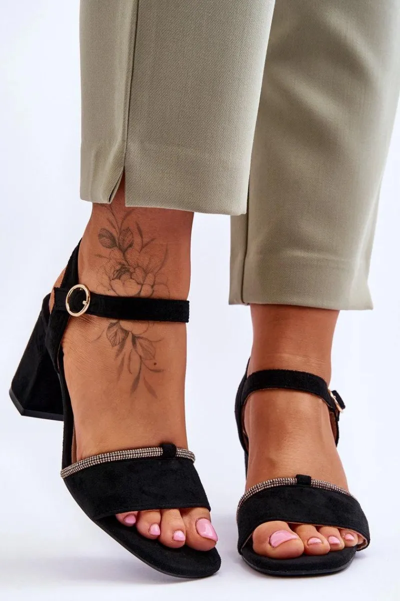 Best Damskie Zamszowe Sandały Na Niskim Słupku Czarne Loredo Damskie Sandały Na Obcasie