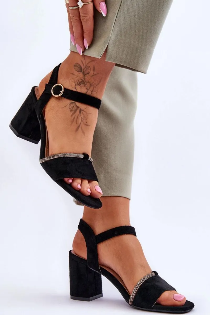 Best Damskie Zamszowe Sandały Na Niskim Słupku Czarne Loredo Damskie Sandały Na Obcasie