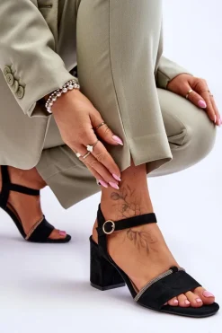 Best Damskie Zamszowe Sandały Na Niskim Słupku Czarne Loredo Damskie Sandały Na Obcasie