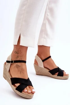 Sale Damskie Zamszowe Sandały Na Plecionym Koturnie Czarne Tessa Damskie Sandały Na Koturnie