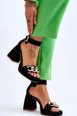 Online Boto Damskie Zamszowe Sandały Na Masywnym Obcasie Lewski Shoes 3207 Czarne Czarny