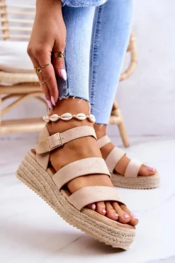 Sandały Na Koturnie>Boto Damskie Zamszowe Sandały Na Sprzączkę Beżowe Corestra