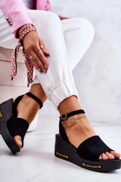 Best Damskie Zamszowe Sandały Na Koturnie Czarne Cortena Damskie Sandały Na Koturnie