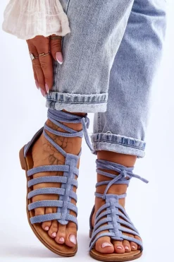 Sale Damskie Zamszowe Sandały Rzymianki Niebieskie Sempre Damskie Sandały Płaskie