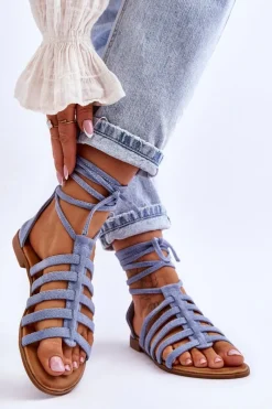 Sale Damskie Zamszowe Sandały Rzymianki Niebieskie Sempre Damskie Sandały Płaskie