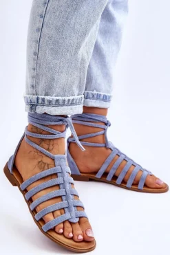 Sale Damskie Zamszowe Sandały Rzymianki Niebieskie Sempre Damskie Sandały Płaskie