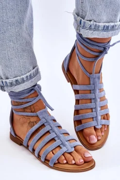 Sale Damskie Zamszowe Sandały Rzymianki Niebieskie Sempre Damskie Sandały Płaskie