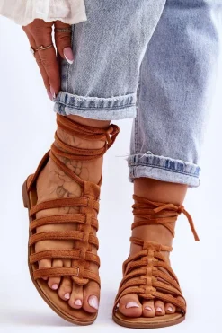 Sandały Płaskie>Boto Damskie Zamszowe Sandały Rzymianki Camel Sempre