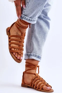 Sandały Płaskie>Boto Damskie Zamszowe Sandały Rzymianki Camel Sempre