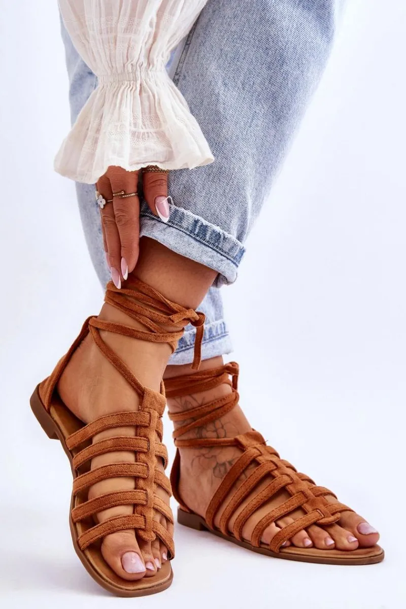 Sandały Płaskie>Boto Damskie Zamszowe Sandały Rzymianki Camel Sempre