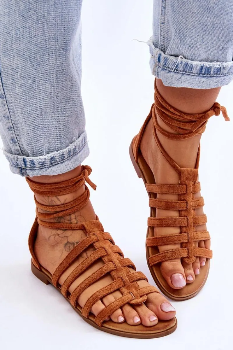 Sandały Płaskie>Boto Damskie Zamszowe Sandały Rzymianki Camel Sempre