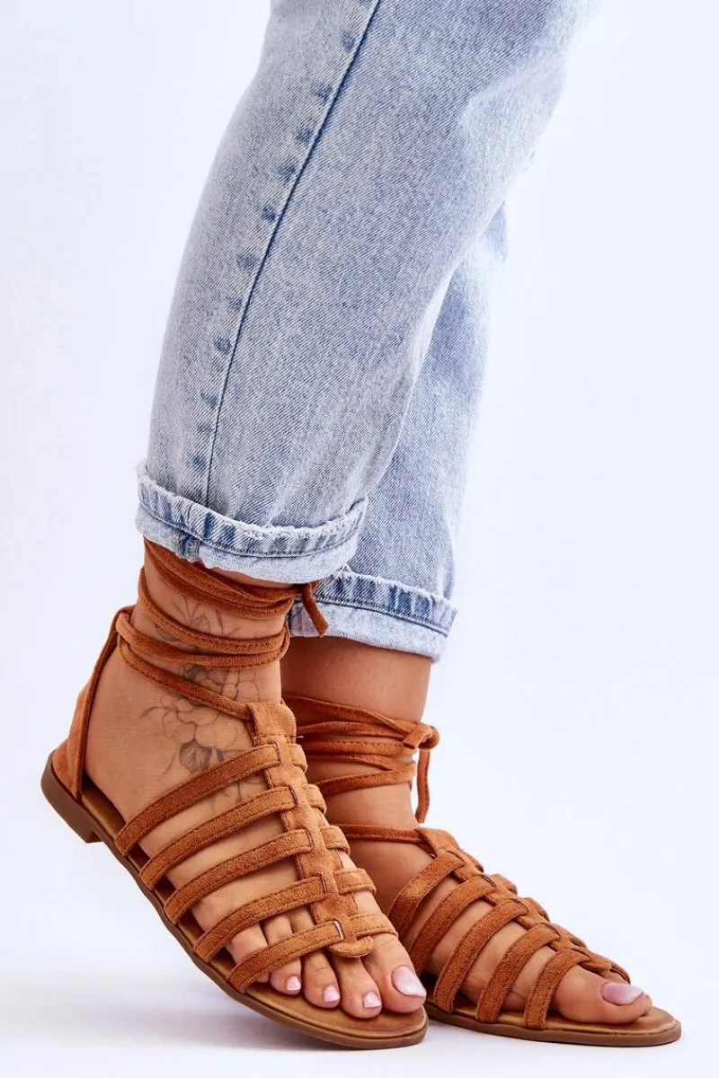 Sandały Płaskie>Boto Damskie Zamszowe Sandały Rzymianki Camel Sempre