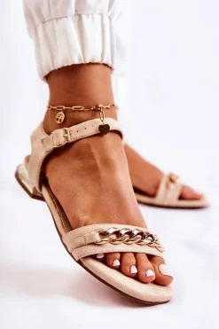 Best Damskie Zamszowe Sandały Z Łańcuchem Beżowe Norine Damskie Sandały Płaskie