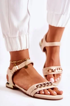 Best Damskie Zamszowe Sandały Z Łańcuchem Beżowe Norine Damskie Sandały Płaskie