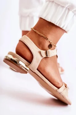 Best Damskie Zamszowe Sandały Z Łańcuchem Beżowe Norine Damskie Sandały Płaskie