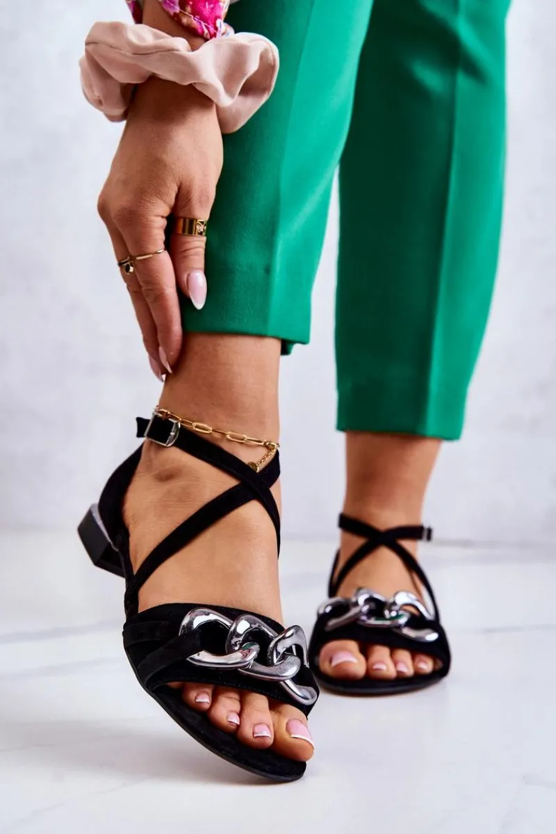 Sandały Płaskie>Laura Messi Damskie Zamszowe Sandały Z Łańcuchem 2365 Czarne