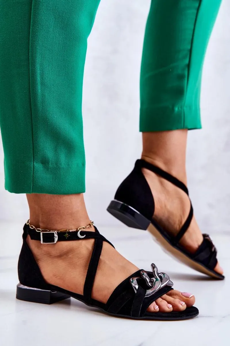 Sandały Płaskie>Laura Messi Damskie Zamszowe Sandały Z Łańcuchem 2365 Czarne