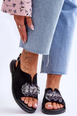 Online Damskie Zamszowe Sandały Z Kamieniami Czarne Mersea Damskie Sandały Płaskie