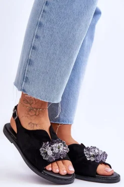 Online Damskie Zamszowe Sandały Z Kamieniami Czarne Mersea Damskie Sandały Płaskie